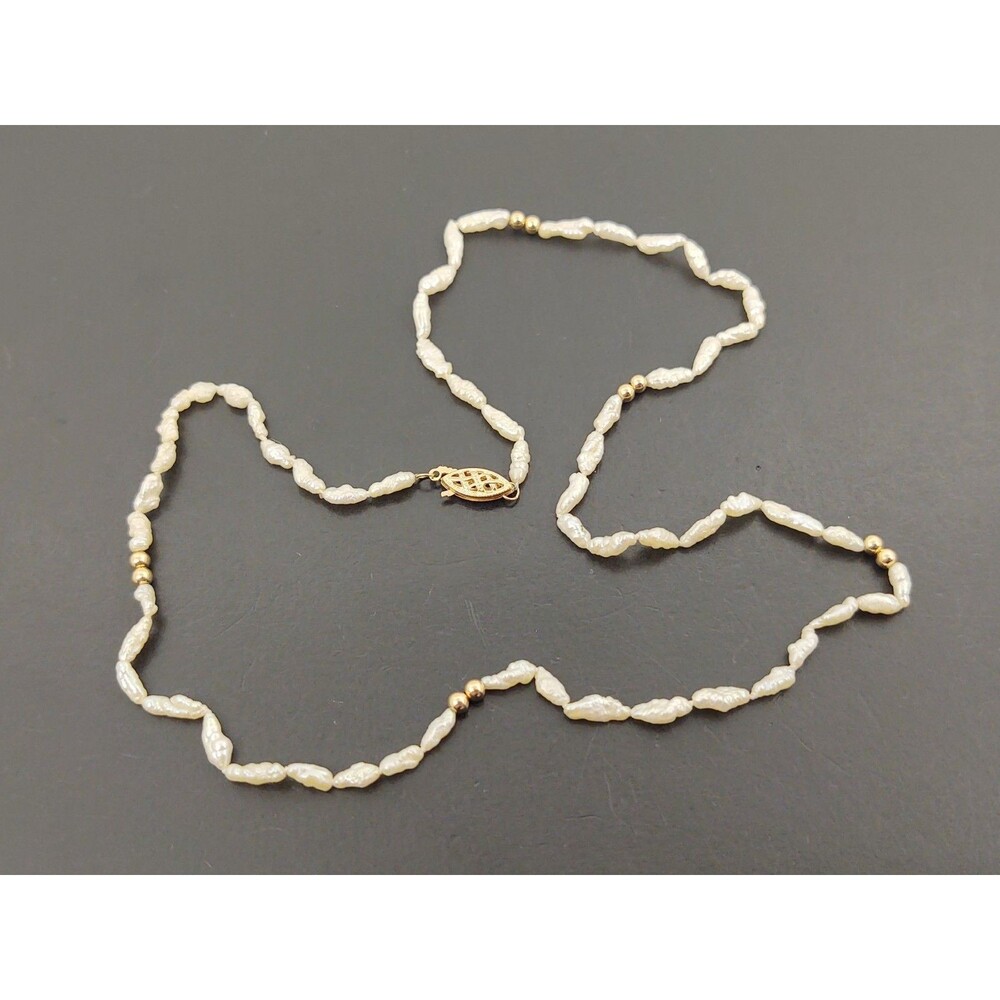 Vintage Freshwater Rice Pearl Necklace 17" w/ 14K Gold Bead Spacers & Clasp - Picture 3 of 12
